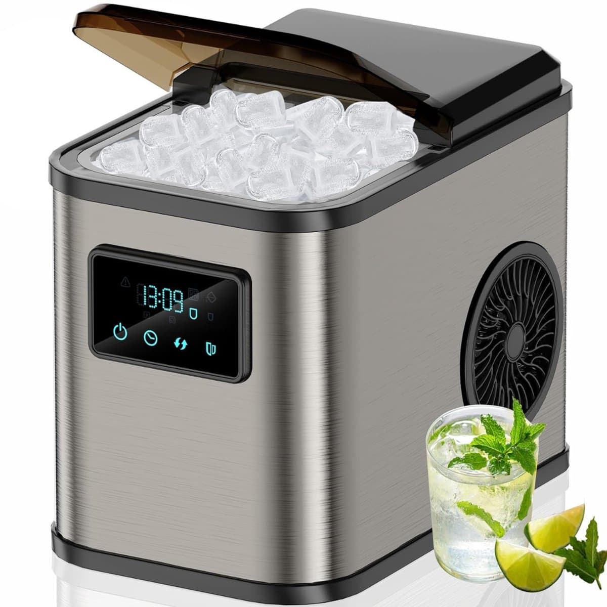QUOVO® Krachtige IJsblokjesmachine – 2 Afmetingen – Zelfreinigende IJsmachine – IJsblokjesmachine Crushed Ice Machine – Crushed Ice Maker in Enkele Minuten – 2L – LED-Scherm - Zilver - 41cm x 28cm x 36cm