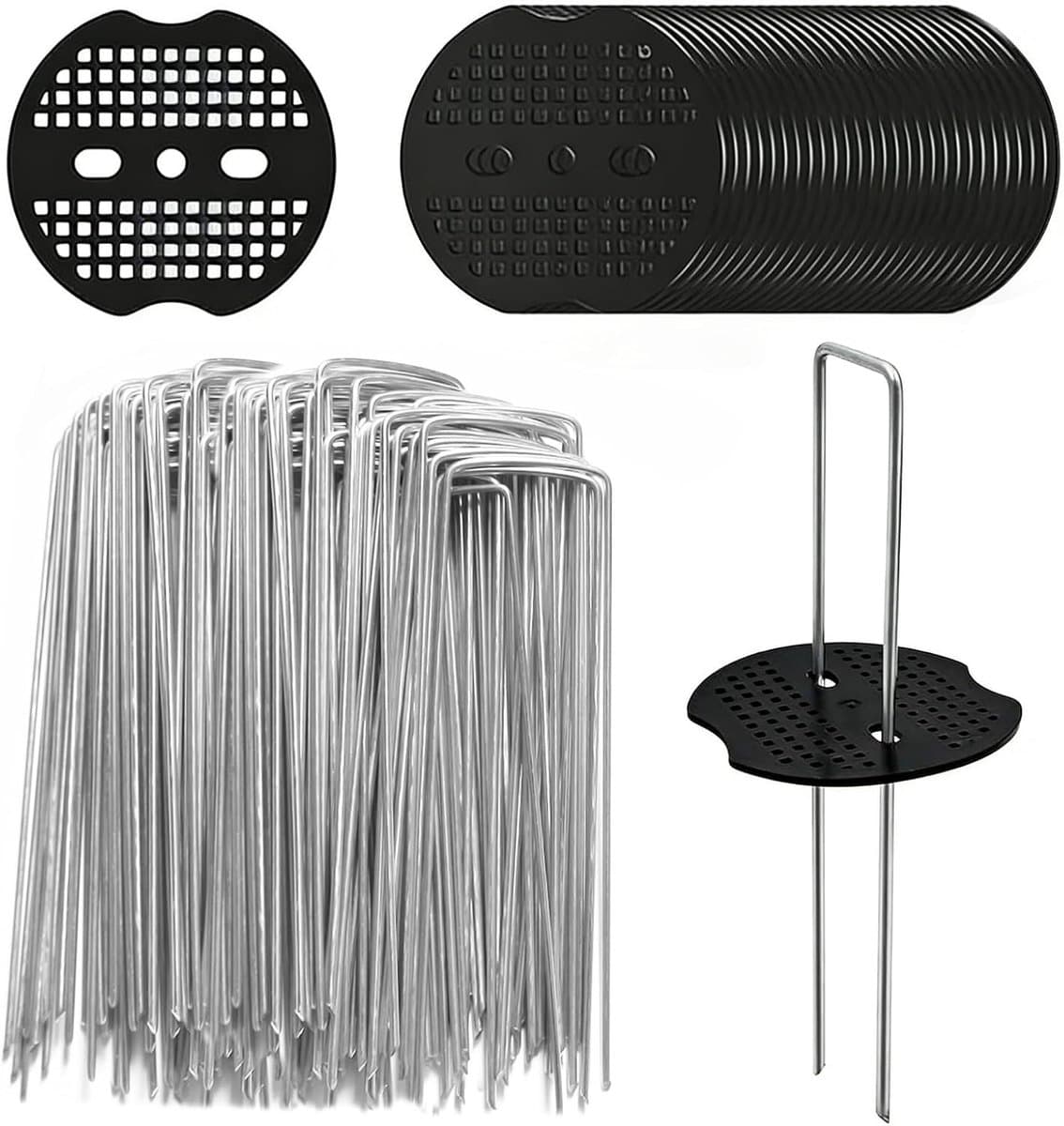 60 stuks onkruidvlies haken, 60 grondankers + 60 buffer discs voor tuin, mulch en kunstgras, gegalvaniseerde U-vormige tuinpinnen, ideaal voor camping en tuinprojecten