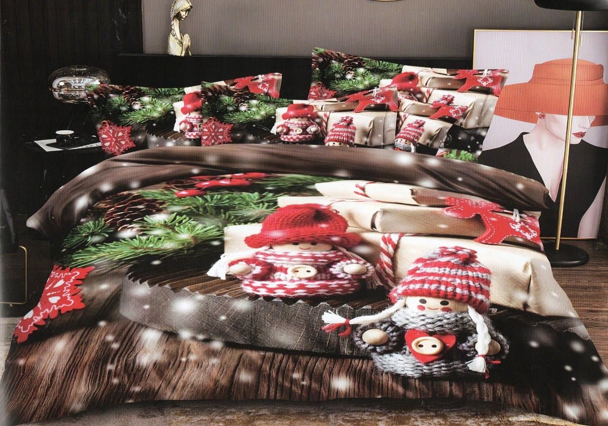 3D Katoen Satijn Kerst Dekbedovertrek Set 160x200cm - Vrolijke Figuren