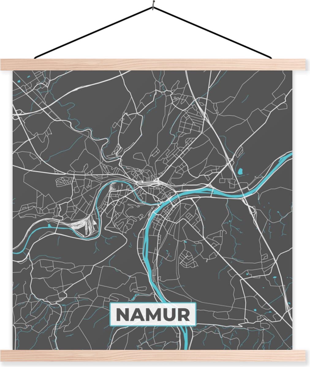 Posterhanger incl. Poster 90x90 cm - Schoolplaat - Plattegrond – Namur – Blauw – Stadskaart - Kaart - Textielposter - Blanke latten - Stadskaart