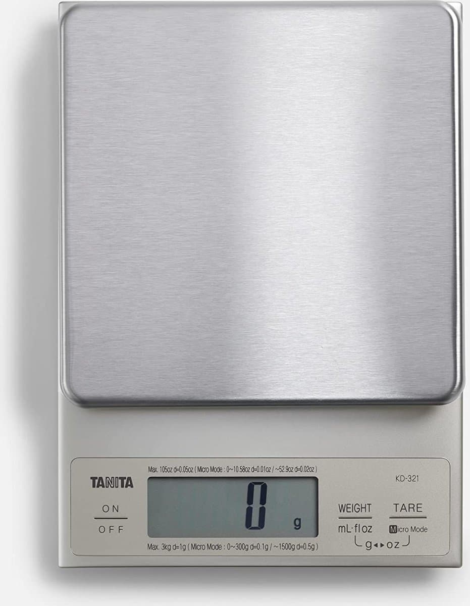 TANITA Professionele Keukenweegschaal Digitaal - 0,1 Gram en ML Nauwkeurig, Belastbaar tot 3KG - Verhoogd Weegplateau Voor Extra Precisie en Gebruiksgemak - RVS - KD-321