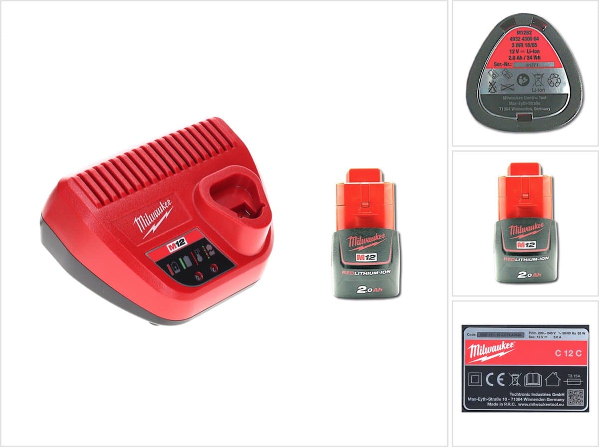 Milwaukee 12 V accustartset met 1x 2.0 Ah accu + M12 C12C lader