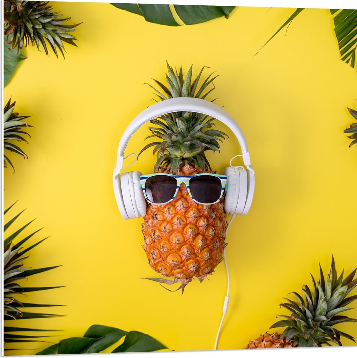 PVC Schuimplaat - Ananas met Witte Headset op Felgele Achtergrond - 80x80 cm Foto op PVC Schuimplaat (Met Ophangsysteem)