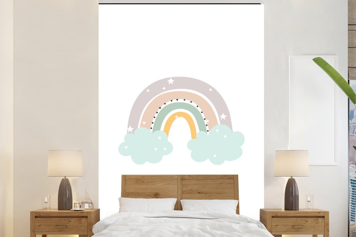 Behang kinderen - Kinderkamer decoratie - Regenboog - Sterren - Wolken - Stippen - Wanddecoratie - Kinderen - 170x260 cm - Muurdecoratie kinderkamer - Kinderbehang
