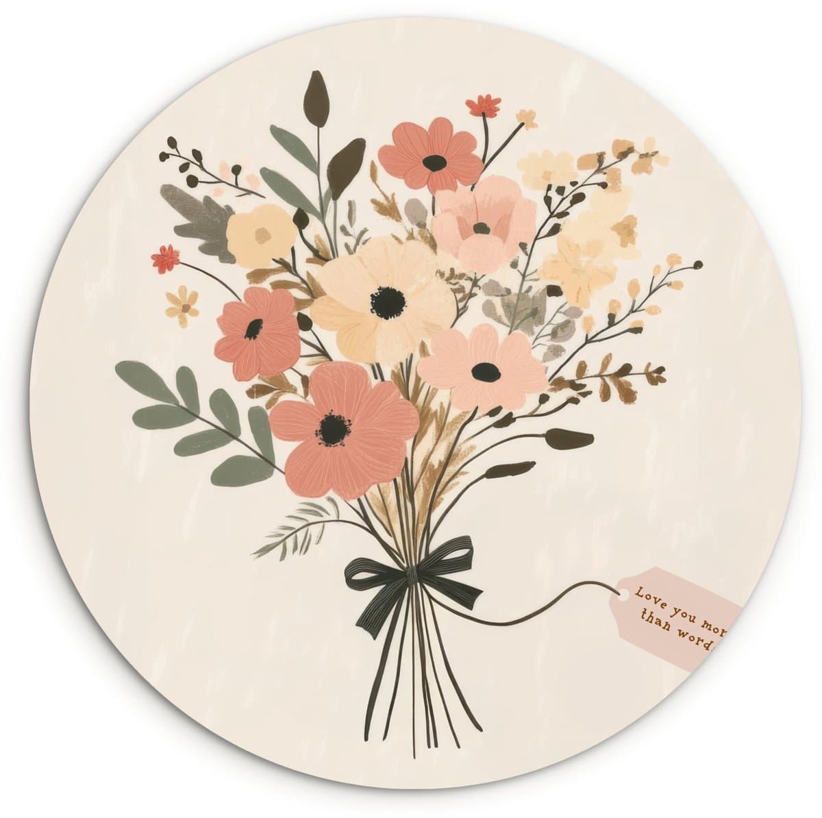 WallCircle® Wandcirkel 90x90 cm - Muurcirkel Bloemen - Quote - Beige - Lint - Muurdecoratie woonkamer - Wanddecoratie slaapkamer - Kamer decoratie accessoires - Ronde schilderijen