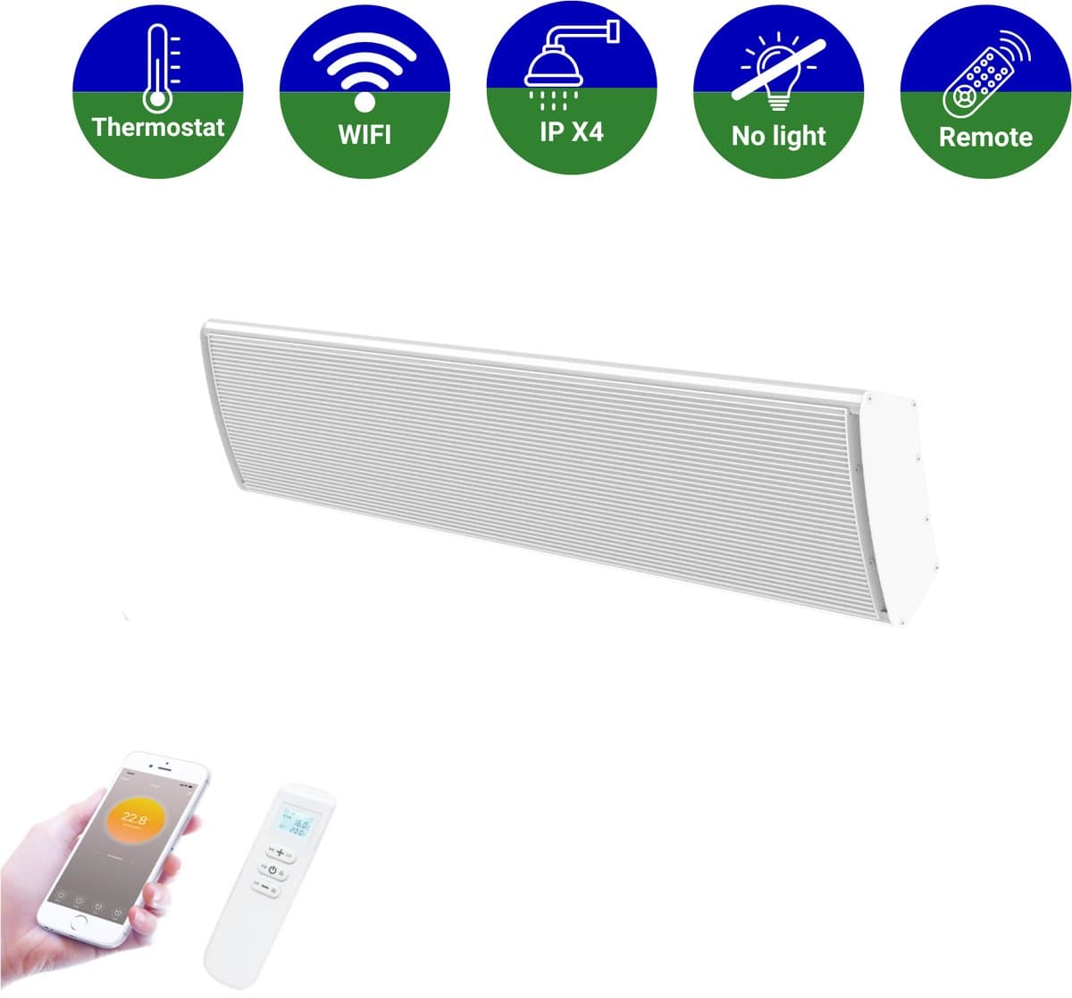 VH Smart heatbar Ostuni - 1800 Watt - Infrarood straler - Terrasverwarmer - Wit - Thermostaat + Wifi + Afstandsbediening
