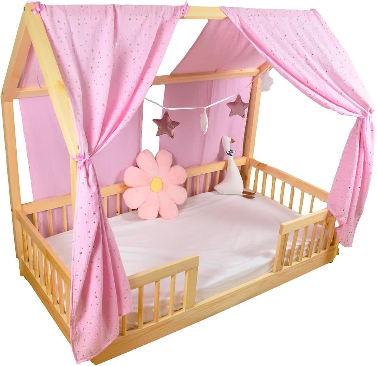 Hemeltje voor ledikant - Bedhemel hemeltje - Babykamer decoreren - Met sterrenslinger - 62 x 270 cm - Roze