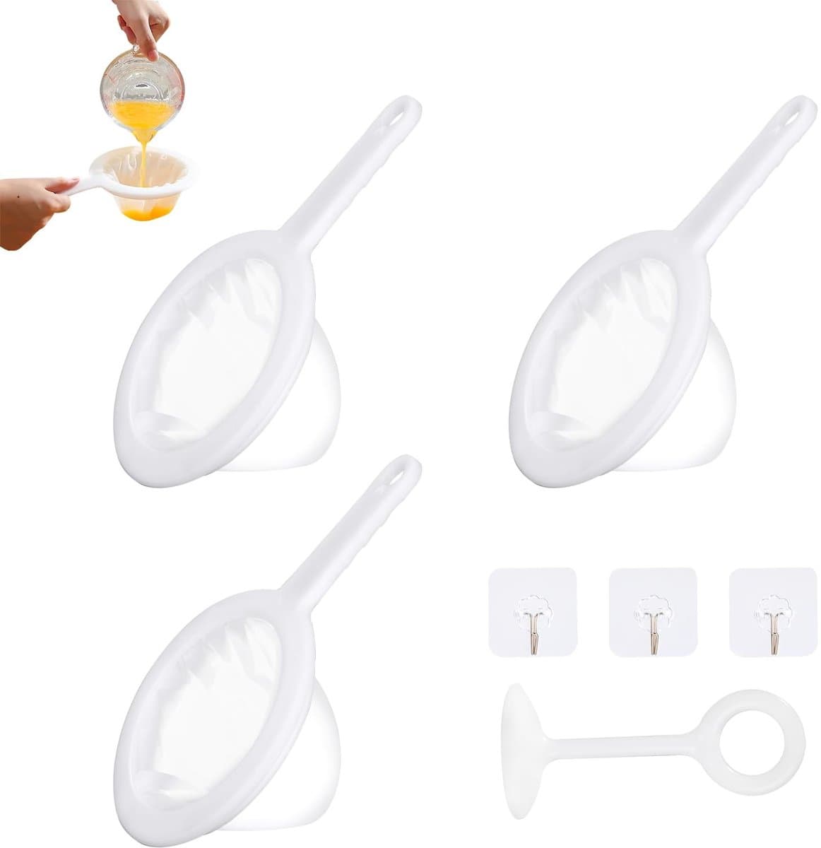 Dailygoods- Zeeffilter - 3 Stuks - Fijn Mesh-Filter - Voedselveilig Nylon - Zelfklevende Haken - Robuust PP-Handvat - Handgreep met Ophanggat - Keukenfilter