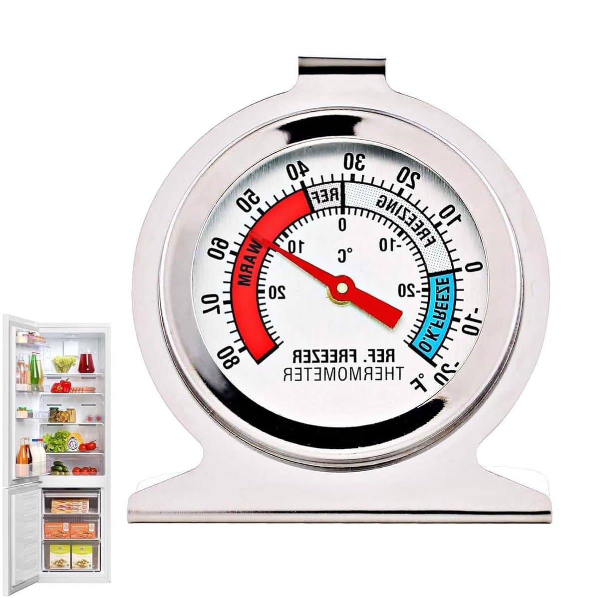 Koelkast Vriezer Thermometer - Temperatuurmeter Huishouden - Voedsel Veilig - Mechanisch Bimetalen Design - Breed Meetbereik - Zilverkleurig