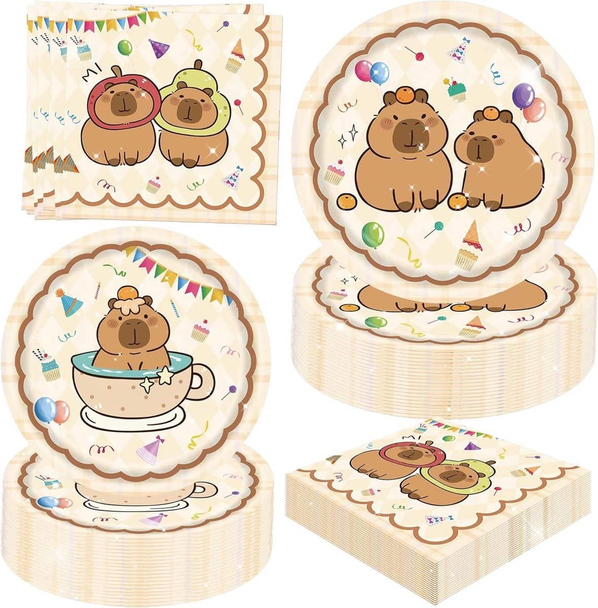 Capybara Feestdecoratie Set - Capybara Servies - Kinderfeestje Versiering - Schattige Capybara Motieven - 60 Delen - Bruin