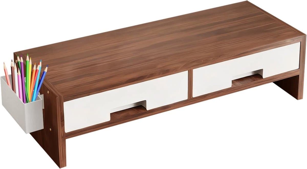Monitor Verhoger - Bureau Organizer - Werkplek Verbeteren - Dubbele Lade - 50 cm Breed - Zwarte Walnoot