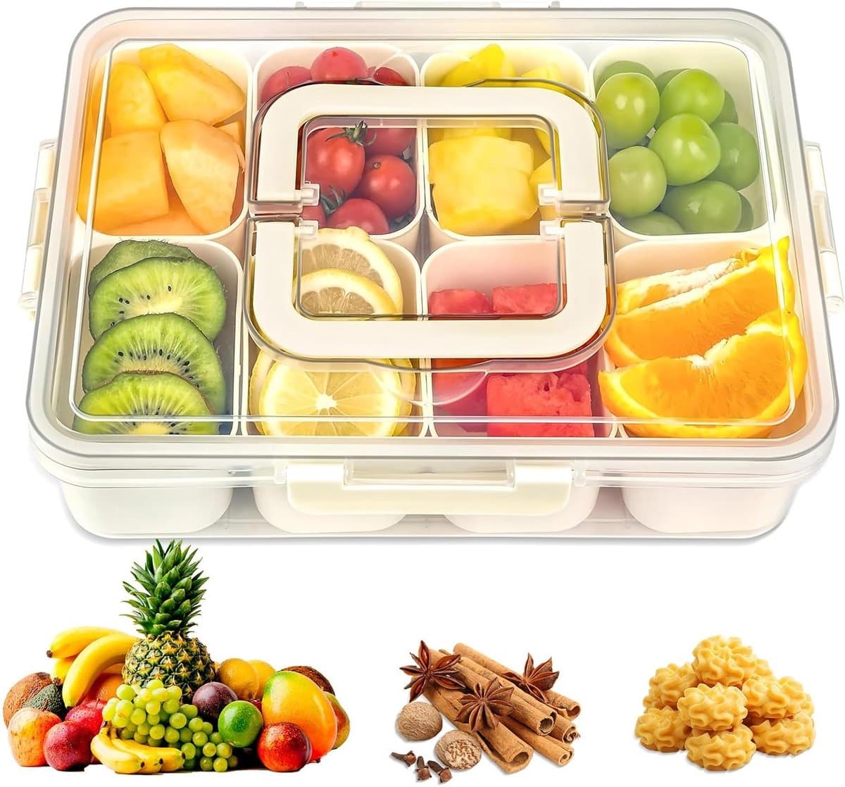 8-Vak Snackdoos - Herbruikbare Snackdispenser, Ideaal voor Fruit, Tussendoortjes en Outdoor Activiteiten, Handige Organizer voor Gezinnen en Feestjes
