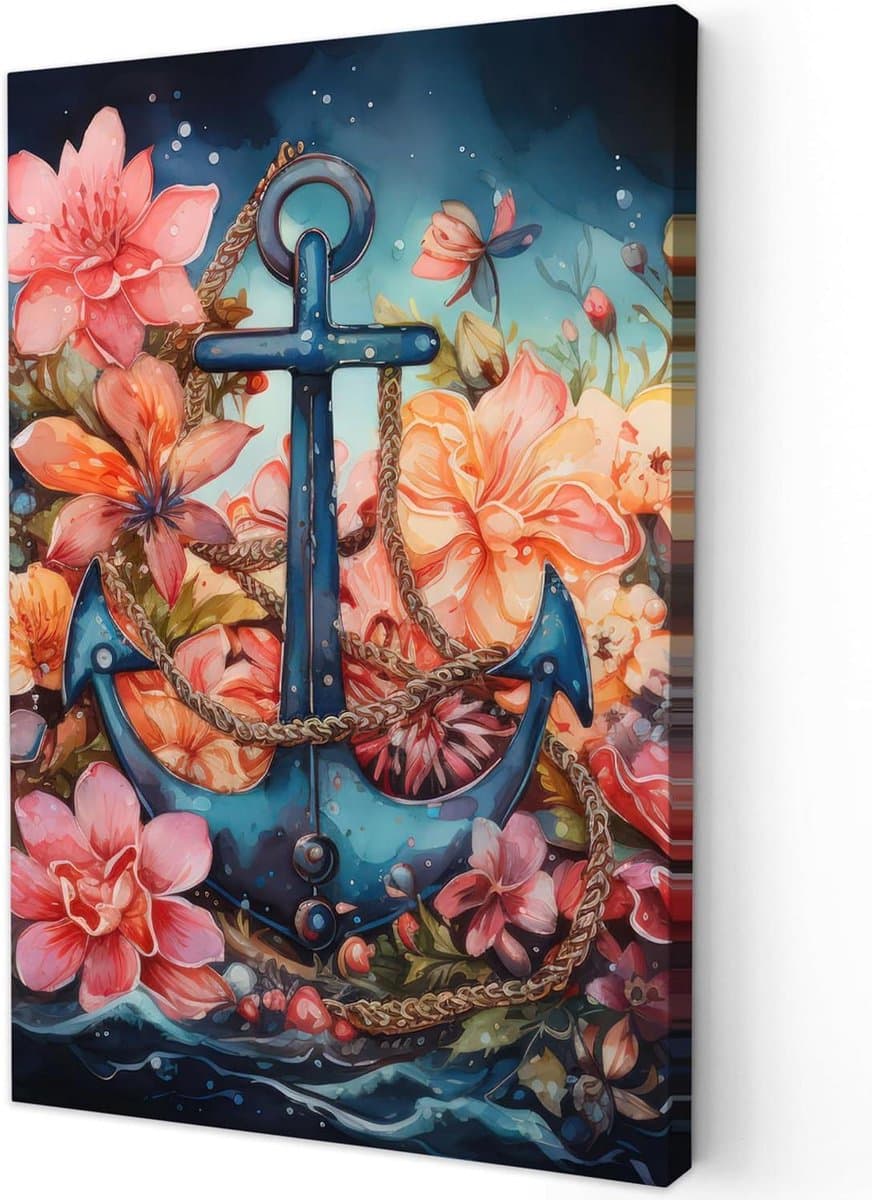 MuchoWow© Canvas Schilderij 80x120 cm Kamer Decoratie Woonkamer Slaapkamer Room Decor Wanddecoratie Wall Art Painting Anker - Bloemen - Zee - Maritiem - Kleuren
