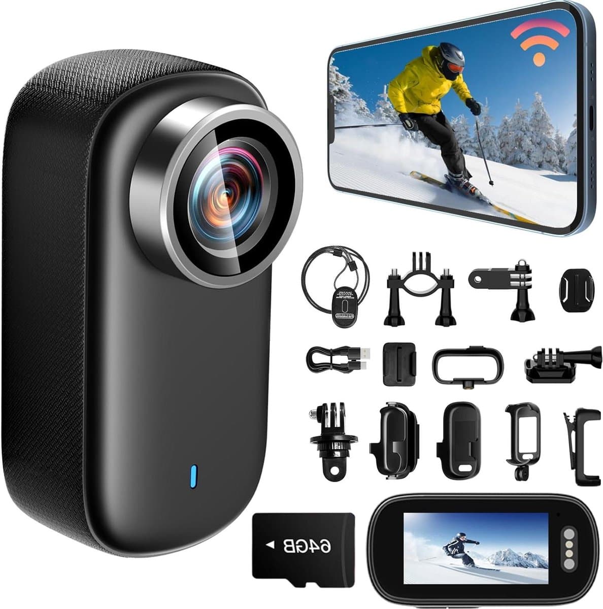 Mini Action Cam WiFi met scherm, 4K UHD en 150° groothoek, IP65 waterdichte bodycam 4K 64GB, draagbare anti-shake helmcamera motorfiets - ideaal voor sport en outdooractiviteiten