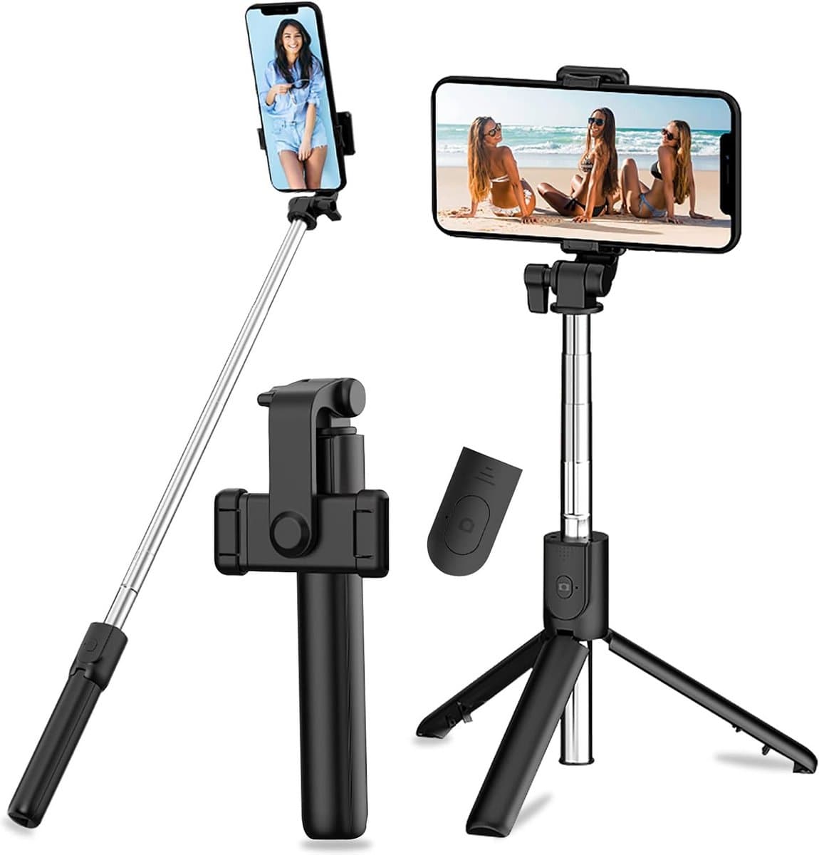Selfie Stick - Tripod Statief - Foto's Maken - 3-in-1 Draadloos - Tot 68 cm - Zwart