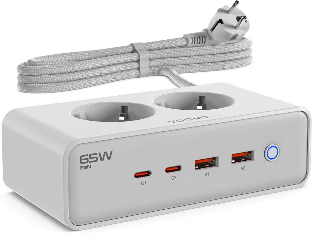 Voomy 65W Stekkerdoos - 2 USB-C & 2 USB-A Poorten - 2 Stopcontacten - Aan / Uit schakelaar - Snellader voor Laptop, Telefoon & Tablet - Oplader, Adapter, Verlengsnoer - Wit