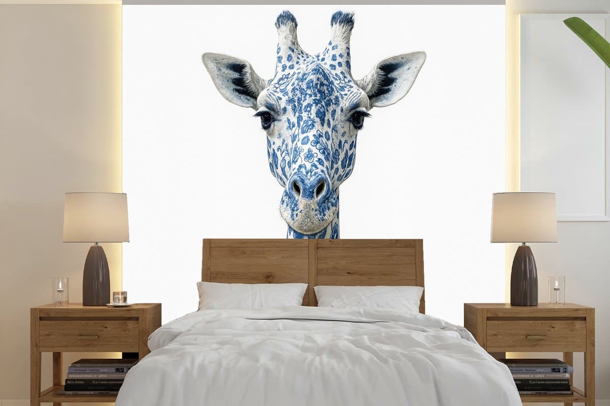 Behang - Fotobehang Giraffe - Delfts blauw - Dieren - Minimalistisch - Breedte 240 cm x hoogte 240 cm