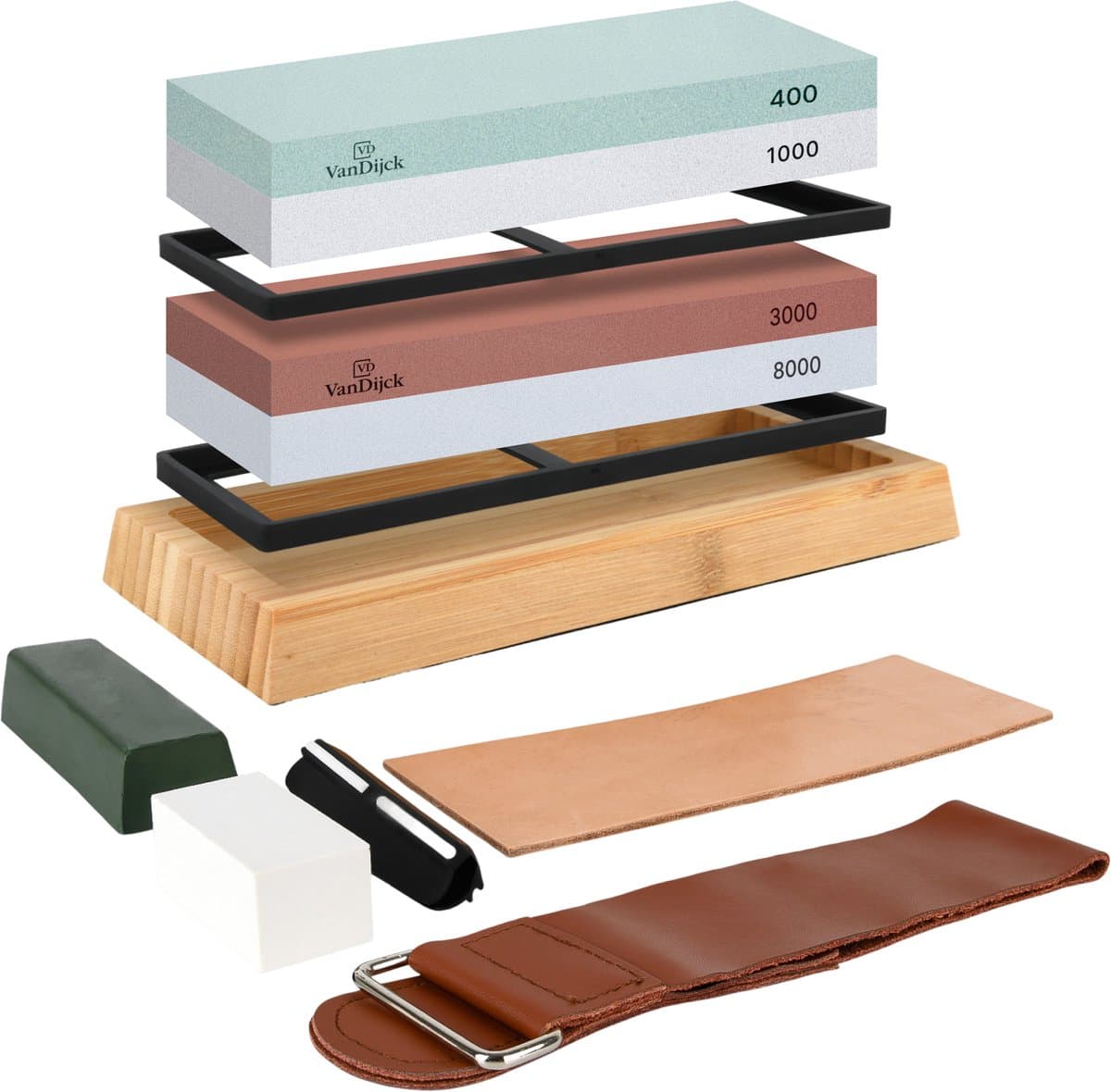 VanDijck Messenslijper Wetsteen - Slijpsteen Set voor Messen - 400/1000 en 3000/8000 - Medium