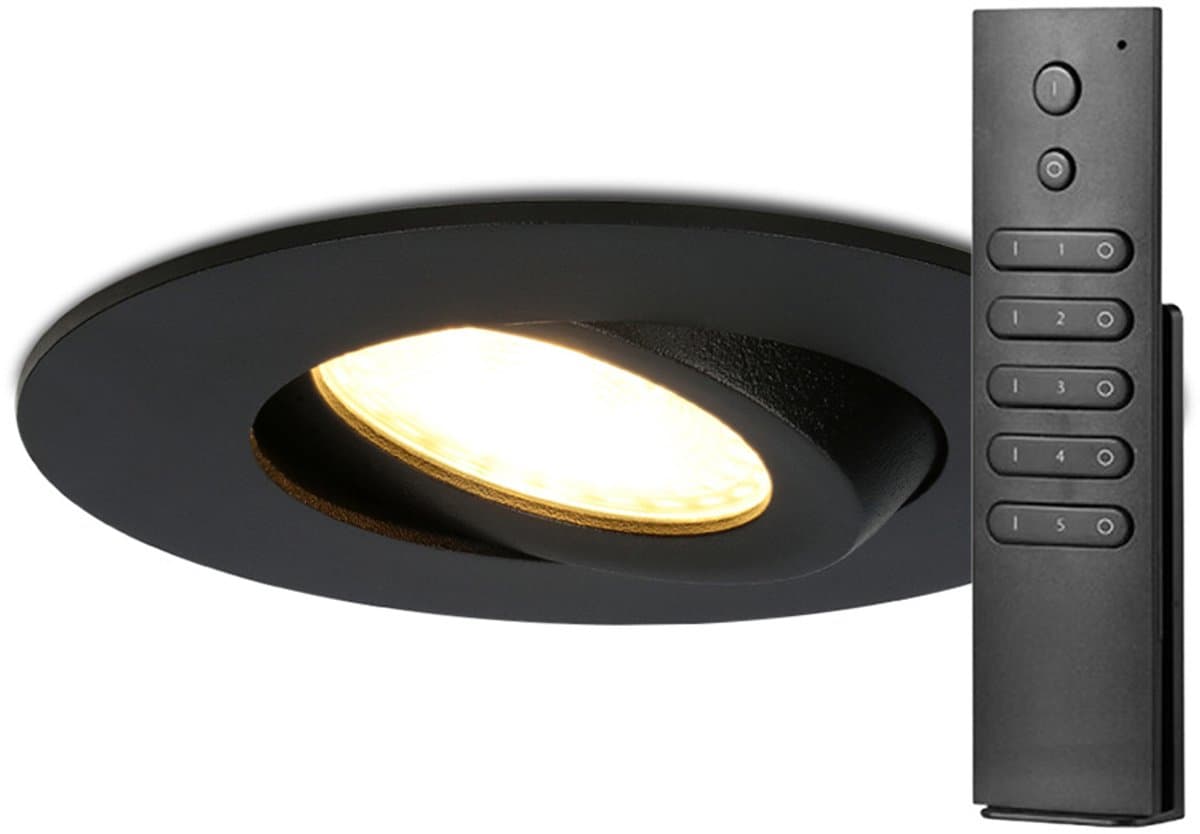 16x HOFTRONIC Napels - Inbouwspot met afstandsbediening - LED - Zaagmaat 85mm - Zwart - Dimbaar - 360° Kantelbaar - Waterdicht - 8 Watt - 570 lumen - 230V - 2700K Extra warm wit - Plafondspots - Inbouwspot voor badkamer en buiten - 5 jaar garantie