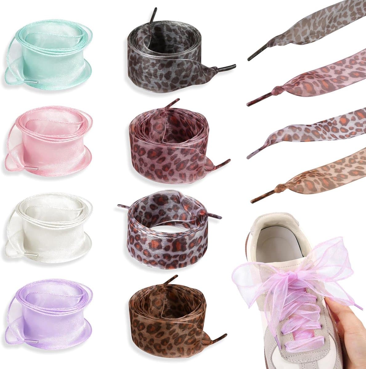 Schoenveters, Luipaardprint 120 cm Veters voor Dames, Zijden Satijnen Veters van Organza met Transparante Look voor Sneakers Sportschoenen en Laarzen