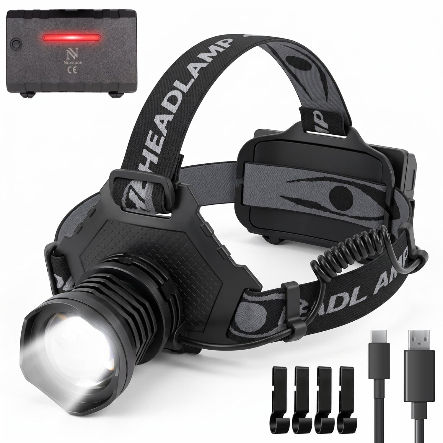 Nuvance Hoofdlamp LED Oplaadbaar - 1300 Lumen - 5 Standen - LED Hoofdlamp - Headlight - Headlamp - Hoofdlampje Rood & Wi Licht