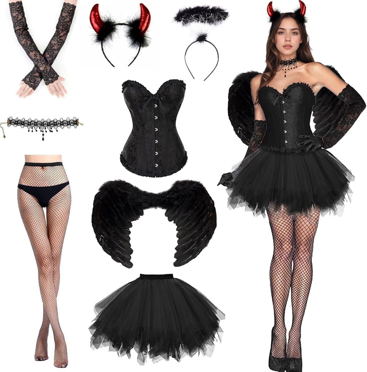 Tulle Skirt Devil Costume Angel Devil Wing Costume Halloween Costume Women's Lace Corset Top Black Angel Costume Devil - ShopVlot