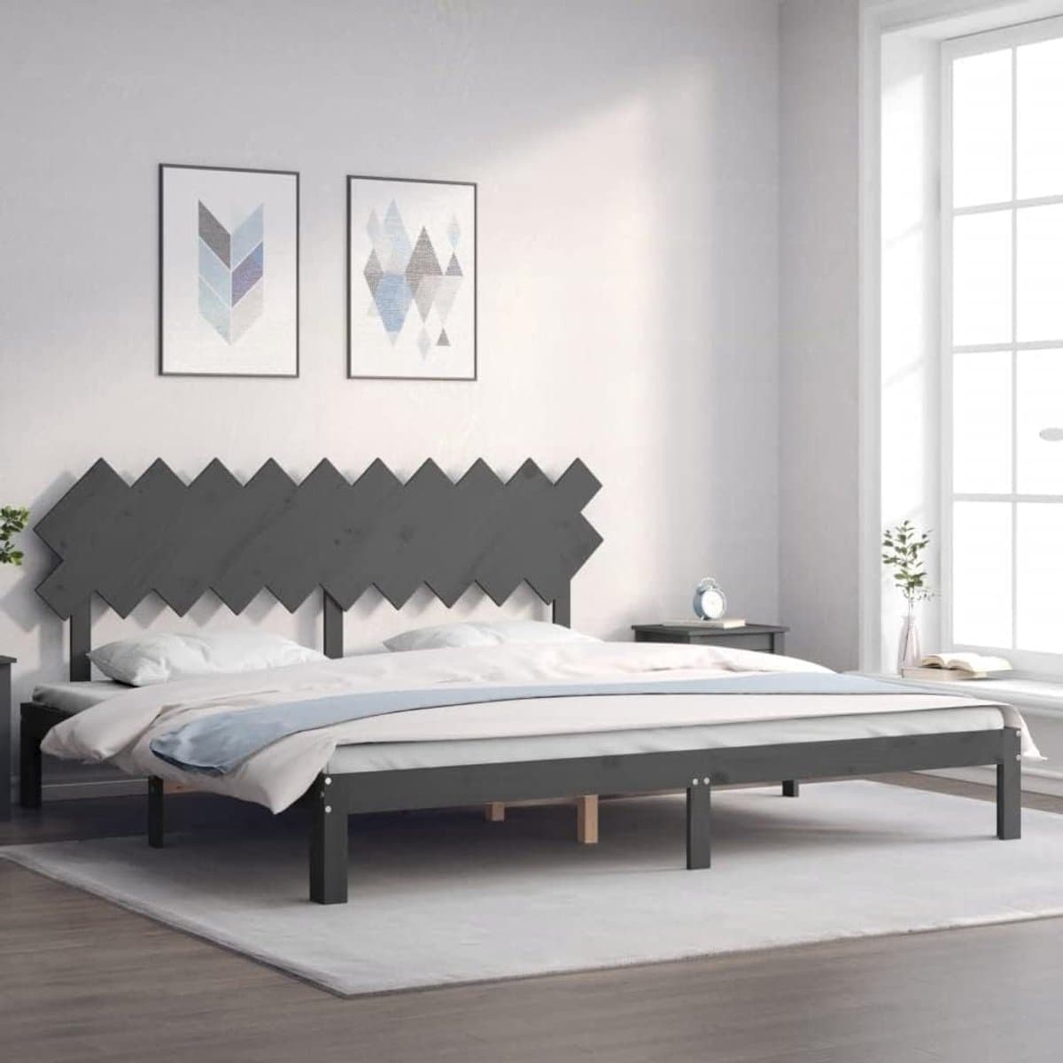 Houten bed met hoofdeinde, grijs, 200 x 200 cm, bedframe voor woonkamer, hotelbedframe, slaapkamer, geschikt voor slaapkamer