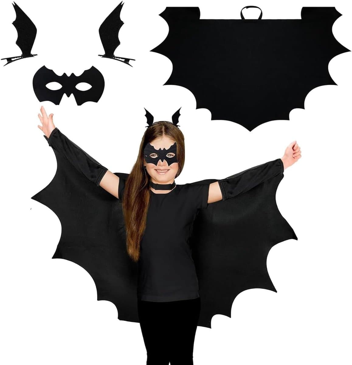 Vleermuiskostuum voor kinderen, vleermuiscape + masker + haarspeld, perfect voor Halloween, griezelfeest, carnaval, rollenspel