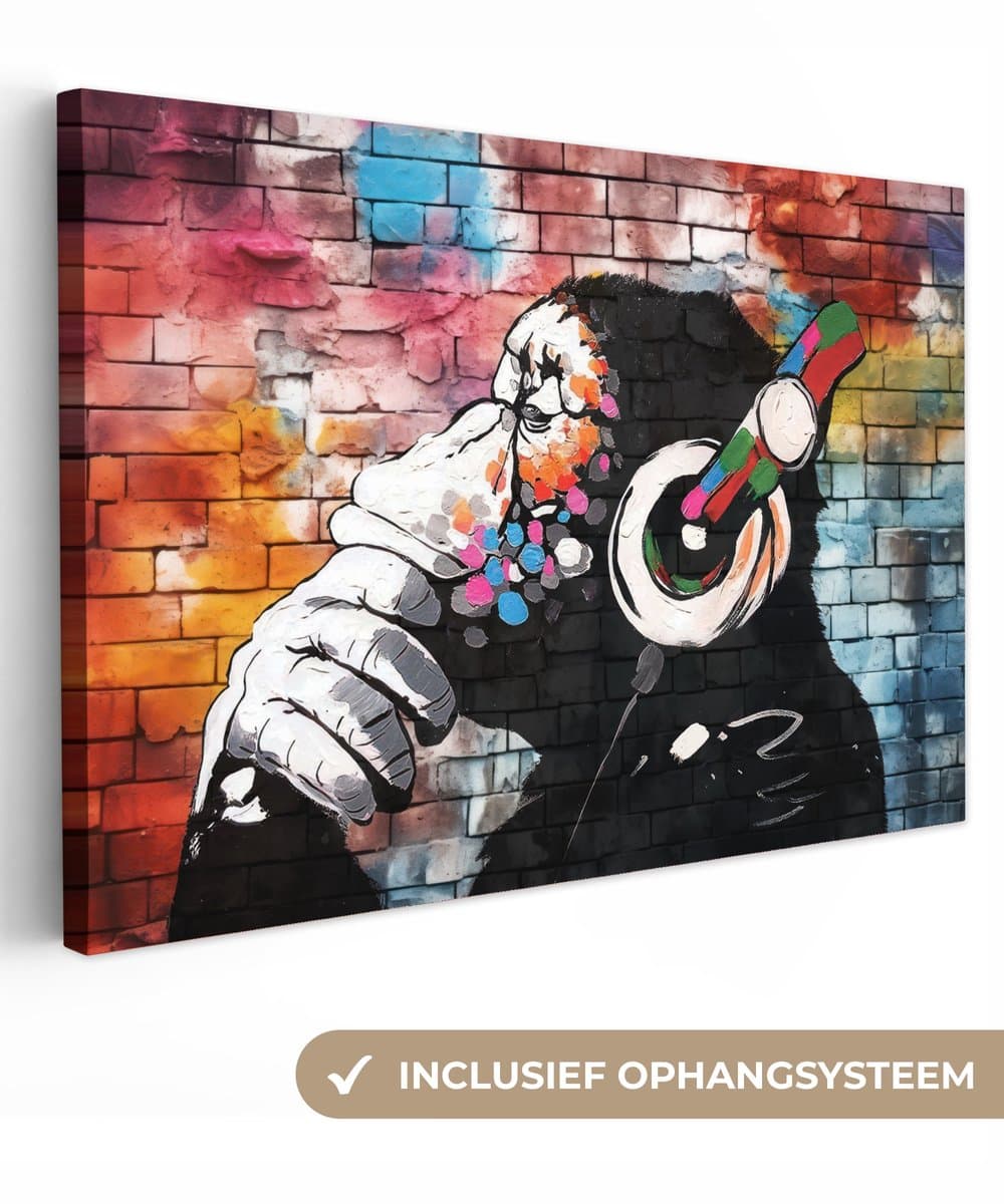 Canvas Schilderij 140x90 cm - Graffiti - Aap - Kleurrijk - Koptelefoon - Art - Dier - Wanddecoratie slaapkamer - Muurdecoratie woonkamer - Interieur decoratie - Schilderijen
