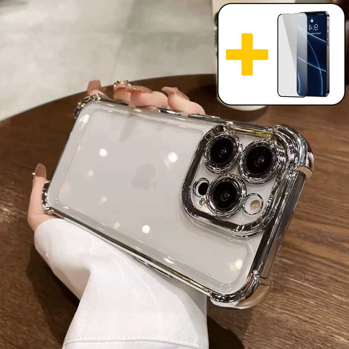 Bumper Hoesje voor iPhone 15 Pro, Schokabsorptie Transparante Case, Valbeveiliging Dunne Beschermhoes, Zilver - Screenprotector