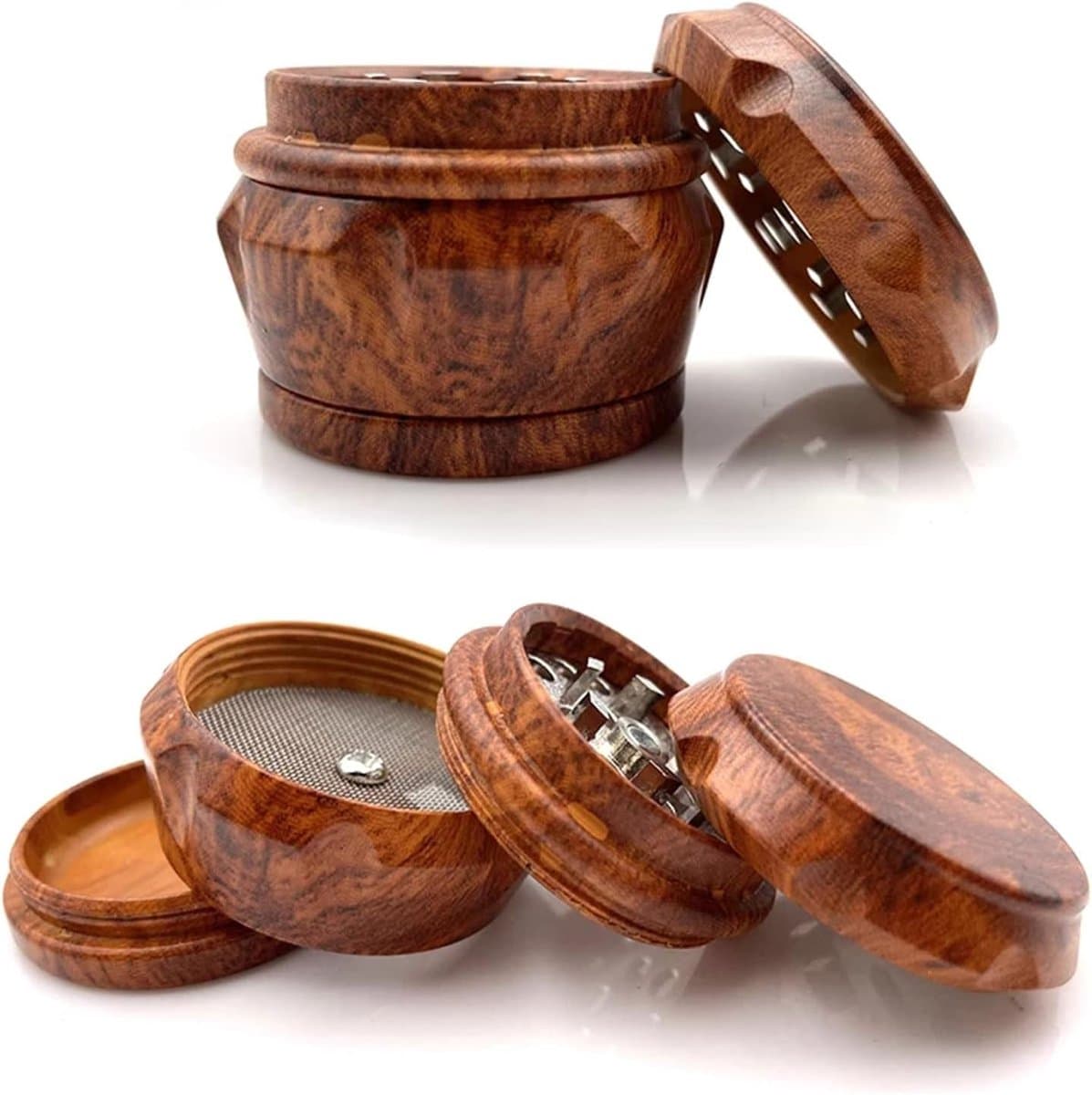 Sander Shop Pollen Grinder Crusher Kruidenmolen 4-delige molen hout kruidenmolen afneembaar pollen grinder crusher voor droge kruiden, pollen, bloemen, specerijen, tabak, gemakkelijk te reinigen, ook voor onderweg