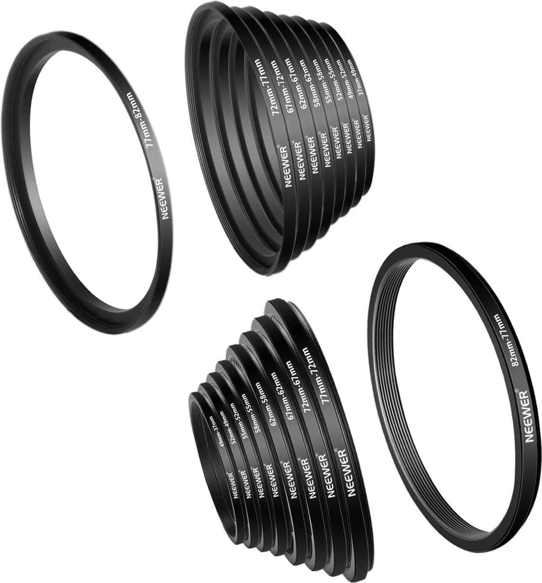 18-delige Metalen Camera Lens Filter Adapter Ring Set - 9 Stuks Step-Up Ringen + 9 Stuks Step-Down Ringen - Compatibel met Canon Nikon Sony Olympus DSLR Camera (Zwart) - X01NSK159