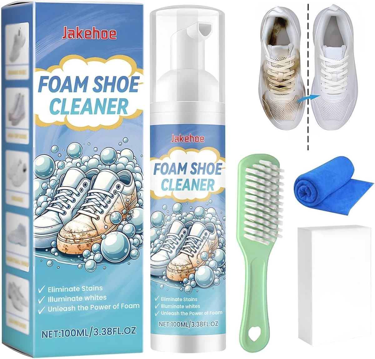 Sneakerreiniger Set - Reinigingsset met Borstel en Spons voor Witte Sneakers - 100 ml