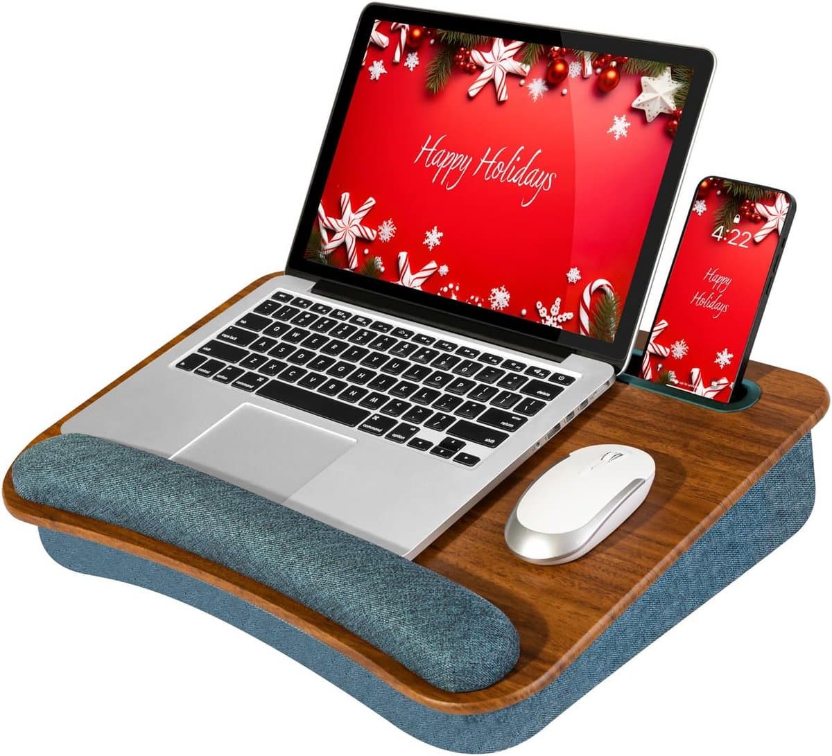 Draagbaar Laptopbureau met Kussen en Opbergvak voor Tablet of Telefoon - Espresso Houtnerf - Geschikt voor 15,6 inch Laptops