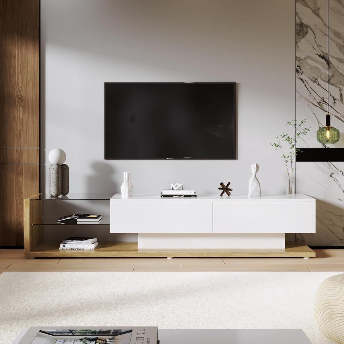 Stijlvolle TV Kast met Glazen Planken en LED Verlichting in Wit en Houtkleur