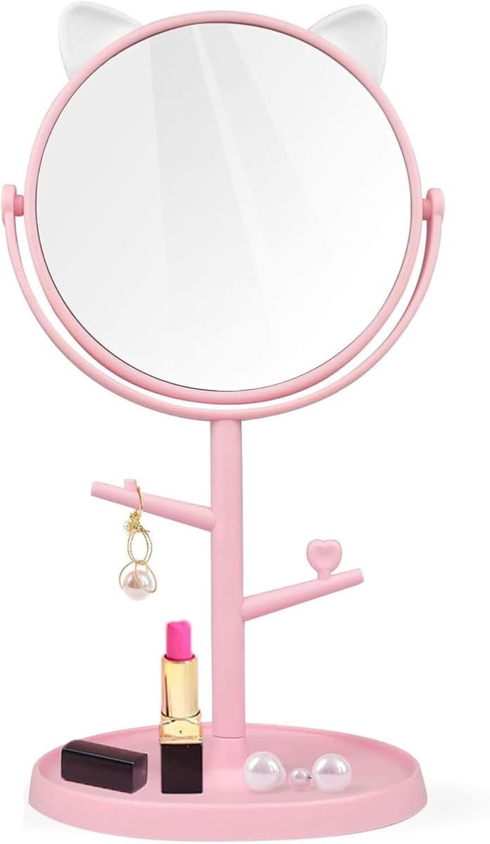 Fashionable Cute Desk Makeup Mirror - Swivel Makeup Mirror met Tray - Tabletop Makeup Mirror voor Travel - Kat Oren Roze