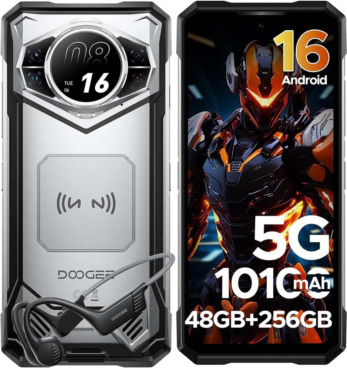 Robuuste Smartphone - DOOGEE S200 VIP - 48 GB RAM+256 GB ROM (TF 2TB) - 10100 mAh - 6,72 inch - Dual SIM 5G - NFC - OTG - GPS - Botgeleidingsheadset - Zilver