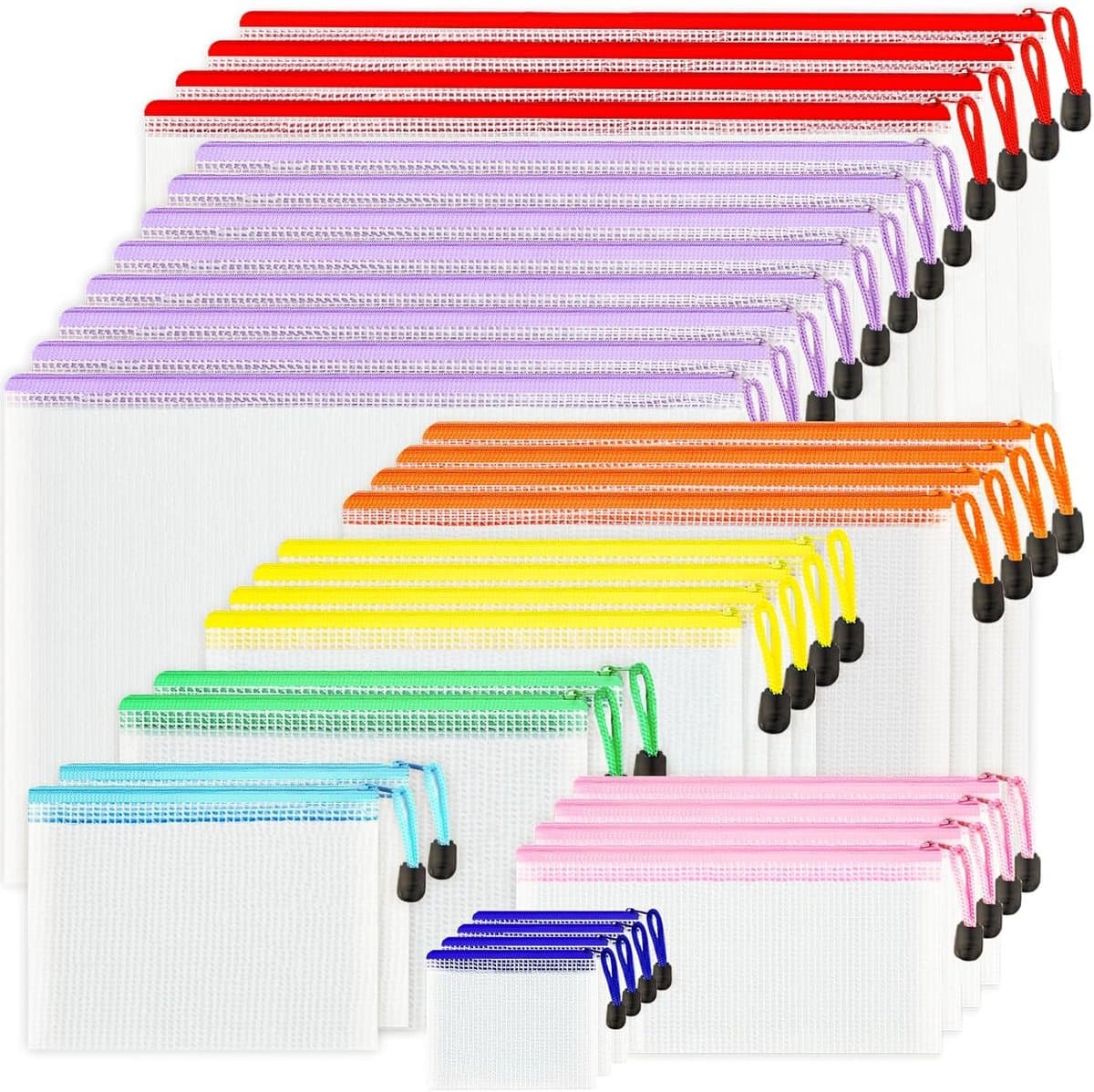 Mesh Ritszakjes Organizer - Doorzichtige Opbergzakjes - Multifunctionele Opslag - 8 Verschillende Maten - 32 Stuks Totaal - Assorti Kleuren