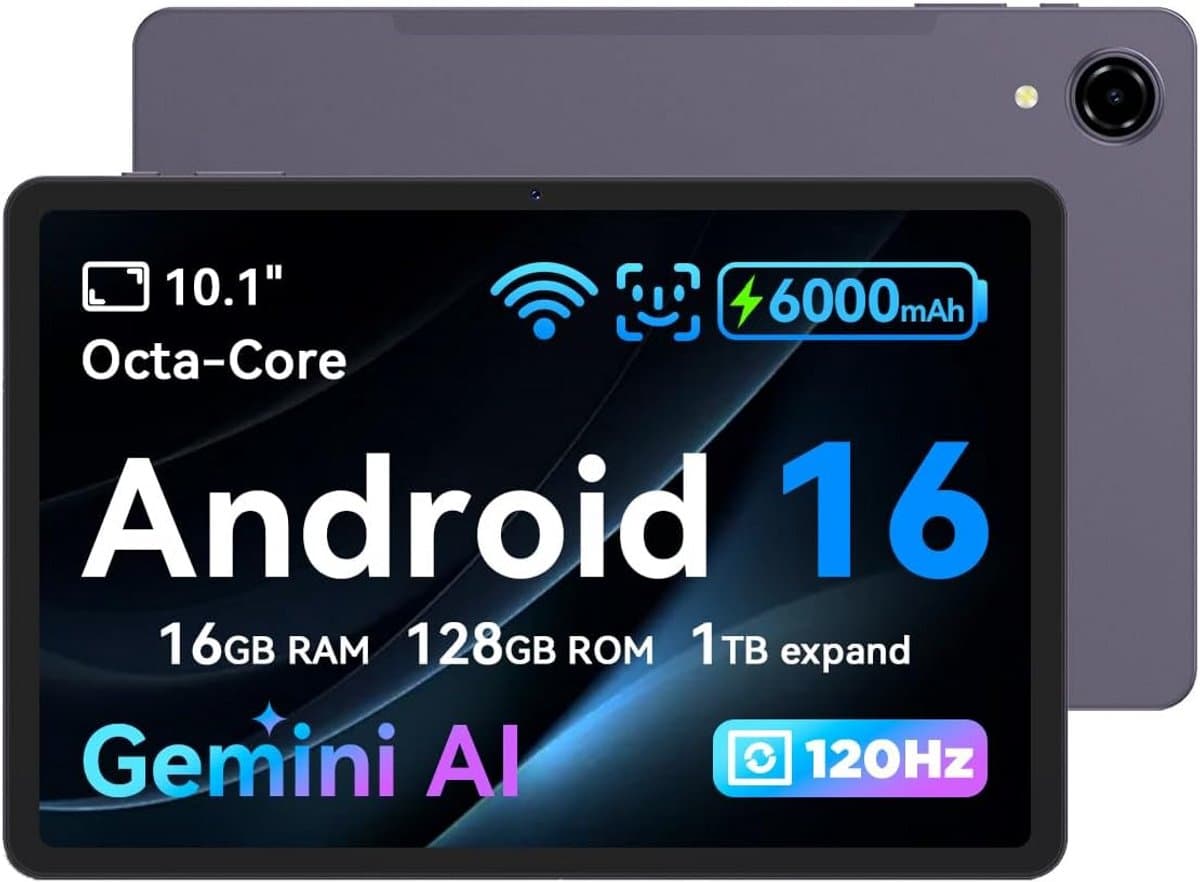 10.1 Inch Android 16 Tablet met 120Hz HD Scherm, 16GB RAM en 128GB Opslag, Octa-Core WiFi