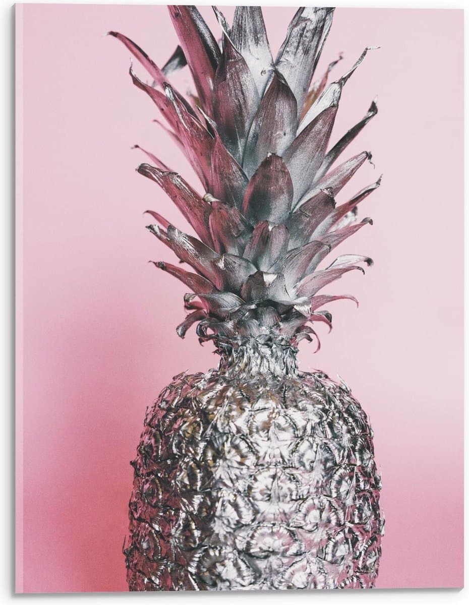 Acrylglas - Zilveren Ananas met Roze Achtergrond - 30x40cm Foto op Acrylglas (Wanddecoratie op Acrylglas)