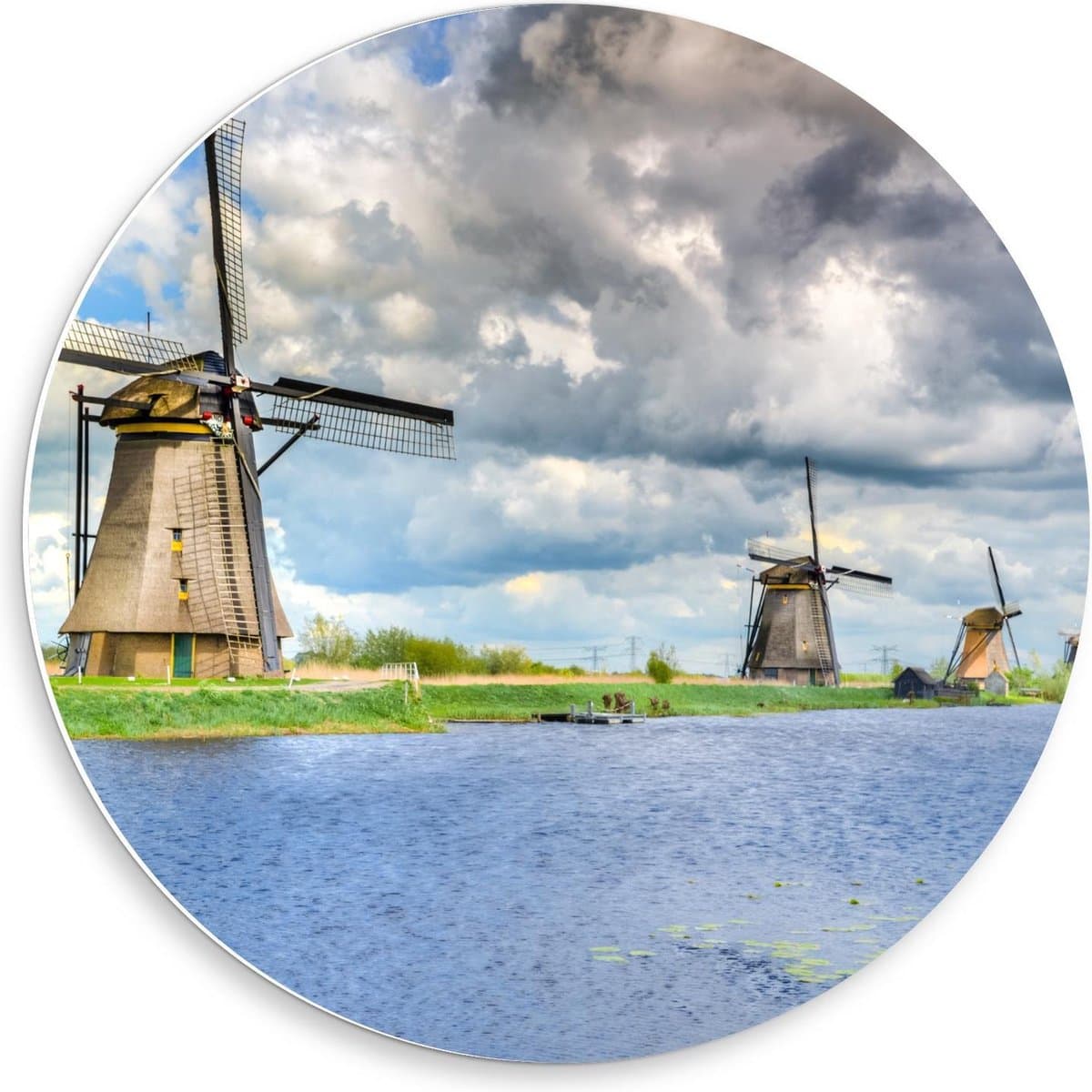 Forex Wandcirkel - Nederlandse Molens aan het Water - 50x50cm Foto op Wandcirkel (met ophangsysteem)