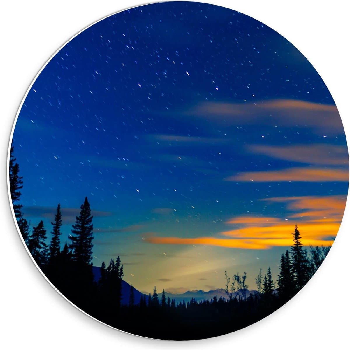 KuijsFotoprint - Schilderij - Sterrenhemel Boven Zwarte Bomen - Zwart, Blauw En Oranje - 30 X 30 Cm
