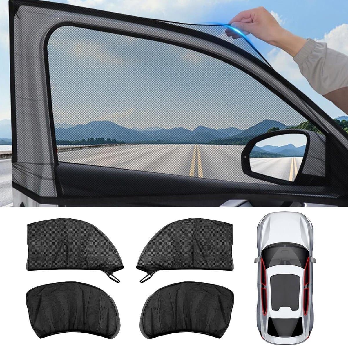 Autostoel Raamhor - Raamhorren Auto - Kamperen in Auto - Ademend Mesh - 4 stuks - Zwart