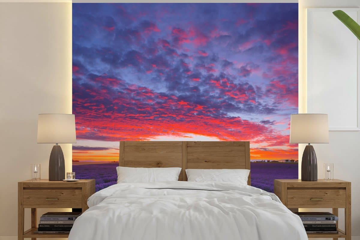 Behang - Fotobehang Paarse lavendelvelden bij de Franse gemeente Valensole - Breedte 220 cm x hoogte 220 cm