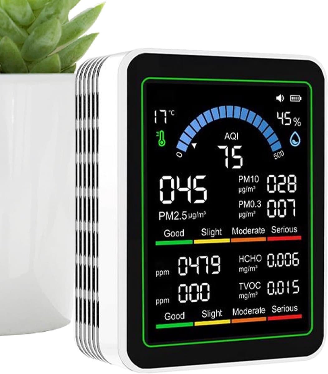 Luchtkwaliteitstest - Binnendetector Monitor - Gezond Wonen - CO2 Formaldehyde Meting - Compact Draagbaar - Wit