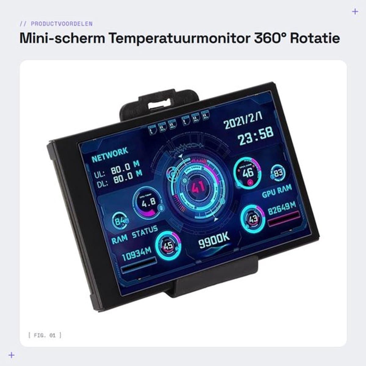 Mini-scherm - Temperatuurmonitor - 360° Rotatie - Zwart - CPU GPU RAM-weergave - Informatieve weergave - Geschikt voor pc - Compact formaat