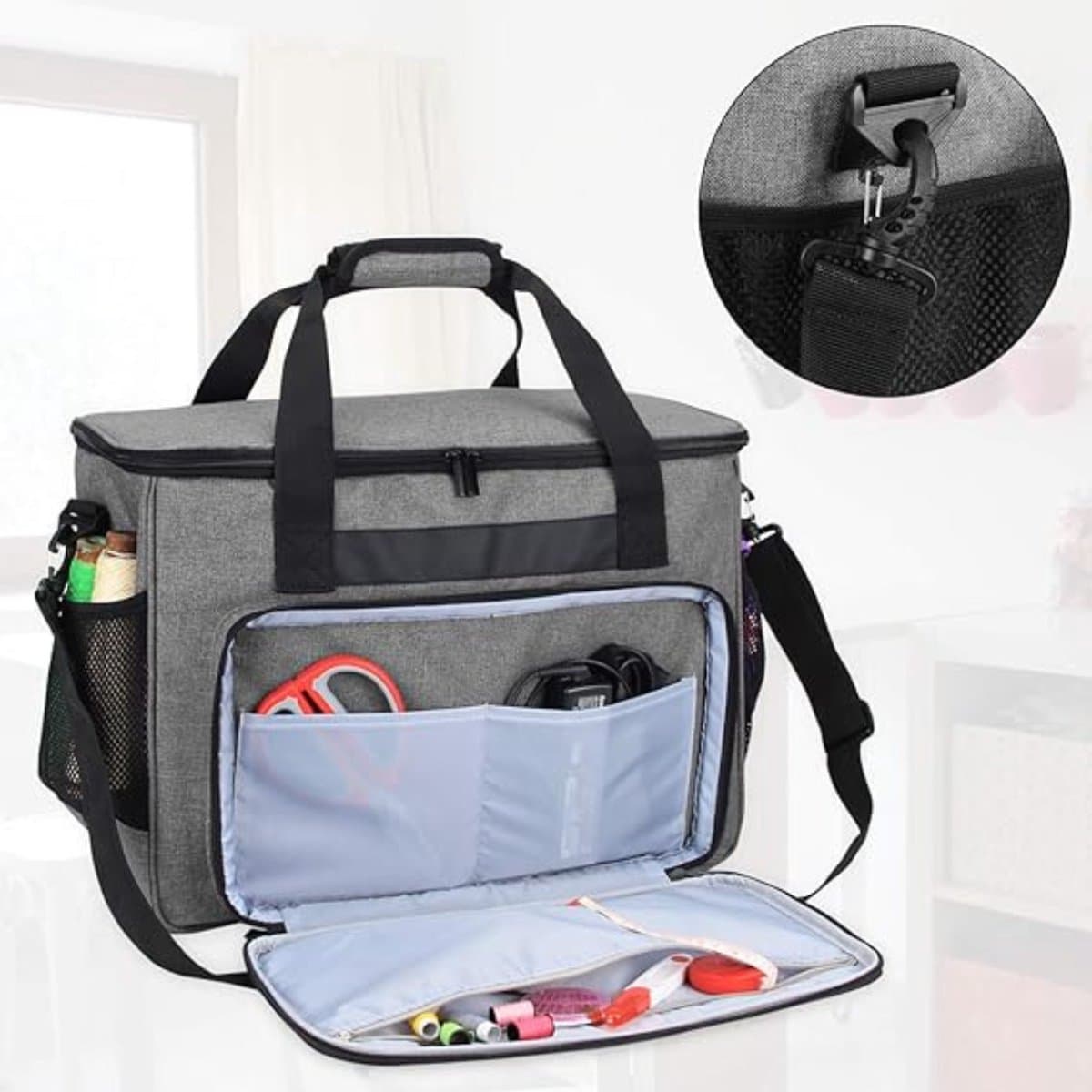 QIN® Naaimachine Tas - Naaimachine voor Beginners - Mini-Naaimachine met Voetpedaal - Grijs - 42cm x 22cm x 32cm