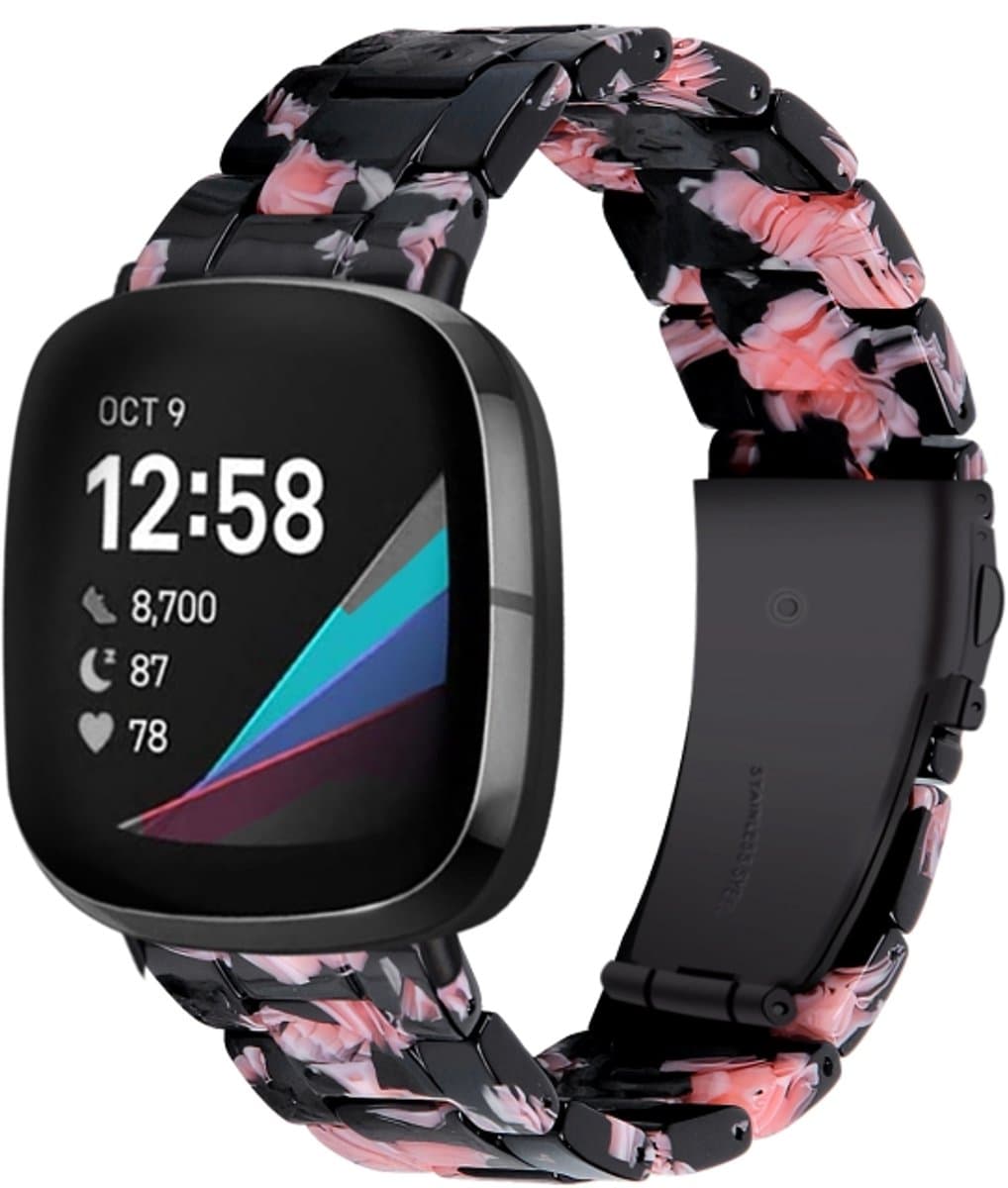 Voor Fitbit Versa 3 / Sense Universal Resin horlogeband (zwart roze bloem)