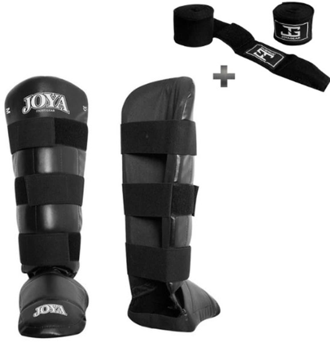 JOYA “PU DE LUXE” Scheenbeschermer – Kickboksen/MMA/Muay Thai – PU Kunstleer – Zwart – XL – incl. Bandage