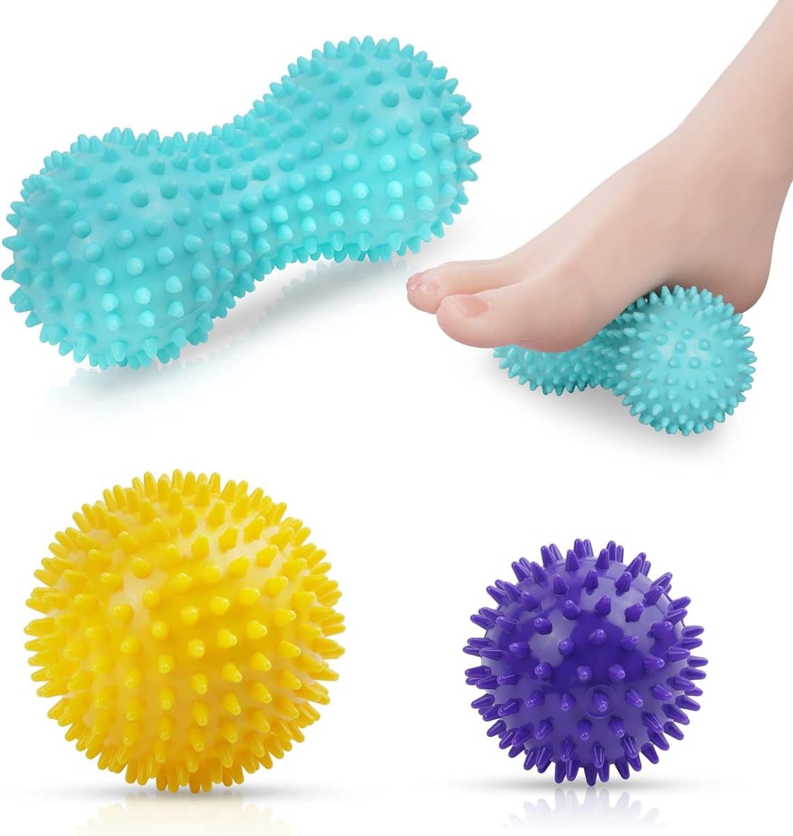 URAQT Massage Balls, Fascia Ball, Set of 3, Hedgehog Ball Set, Spiked Massage Ball, Hard, Massage Balls with Nubs, for Back, Legs, Feet, Hands